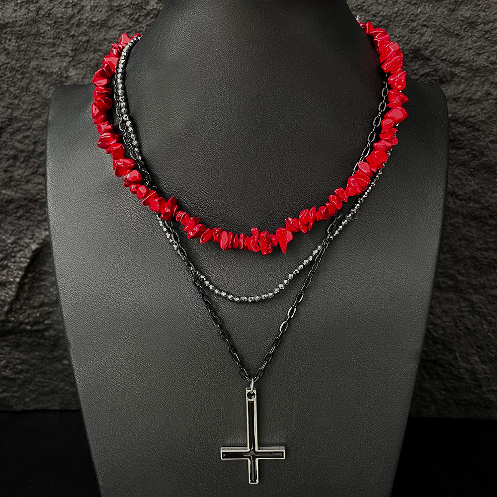 Red Gravel Cross Necklace for Women - Clavicle Chain, Light Luxury High-End Accessory for 2025 Y2K Style