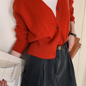 Red Knitted Cardigan for Women - Versatile Long Sleeve Sweater Coat for Spring & Autumn, Airy Wool Blend Layering Piece
