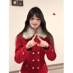 Red Lapel Double-Breasted Wool Coat with Waist-Cinching Design & Low-Waist Plush Skirt - Chic 90s Inspired Fashion Set