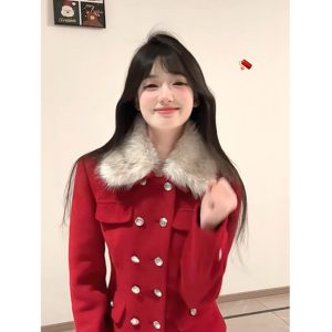 Red Lapel Double-Breasted Wool Coat with Waist-Cinching Design & Low-Waist Plush Skirt - Chic 90s Inspired Fashion Set