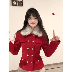 Red Lapel Double-Breasted Wool Coat with Waist-Cinching Design & Low-Waist Plush Skirt - Chic 90s Inspired Fashion Set