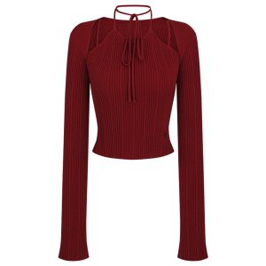 Red Long-Sleeve Knitted Top for Women - Slim Fit, 2024 Autumn/Winter Fashion Essential
