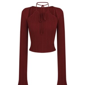 Red Long-Sleeve Knitted Top for Women - Slim Fit, 2024 Autumn/Winter Fashion Essential