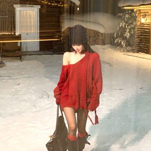 Red Loose V-Neck Sweater for Women - Autumn Winter Knitwear, Long Sleeve Top, Cozy Casual Style, Relaxed Fit
