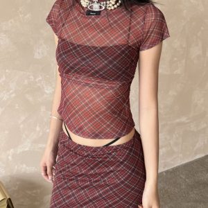 Red Plaid Sheer Short Sleeve T-Shirt and Skirt Set - Spicy Summer American Retro Millennial Style