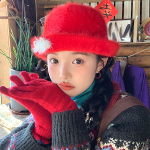 Red Plush Fisherman's Bucket Hat for Women - 2024 Autumn Winter Style, Small Face Gift, Trendy Fashion Accessory