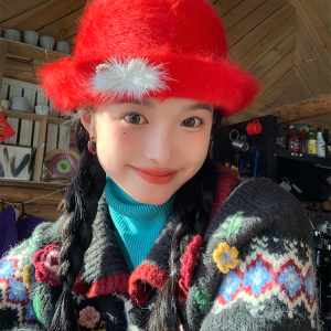 Red Plush Fisherman's Bucket Hat for Women - 2024 Autumn Winter Style, Small Face Gift, Trendy Fashion Accessory