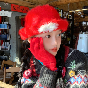 Red Plush Fisherman's Bucket Hat for Women - 2024 Autumn Winter Style, Small Face Gift, Trendy Fashion Accessory