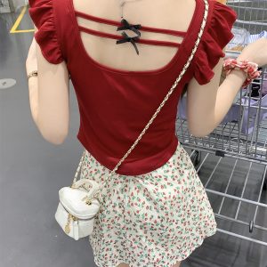 Red Short-Sleeved Women's T-Shirt with Butterfly Knot, Lace Edges, and Wide Neckline - Unique Y2K Style with Flowy Sleeves