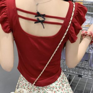 Red Short-Sleeved Women's T-Shirt with Butterfly Knot, Lace Edges, and Wide Neckline - Unique Y2K Style with Flowy Sleeves