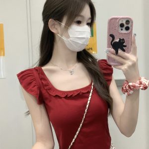 Red Short-Sleeved Women's T-Shirt with Butterfly Knot, Lace Edges, and Wide Neckline - Unique Y2K Style with Flowy Sleeves