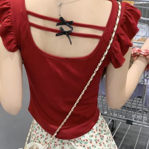 Red Short-Sleeved Women's T-Shirt with Butterfly Knot, Lace Edges, and Wide Neckline - Unique Y2K Style with Flowy Sleeves