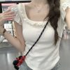 Red Short-Sleeved Women's T-Shirt with Butterfly Knot, Lace Edges, and Wide Neckline - Unique Y2K Style with Flowy Sleeves