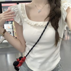 Red Short-Sleeved Women's T-Shirt with Butterfly Knot, Lace Edges, and Wide Neckline - Unique Y2K Style with Flowy Sleeves