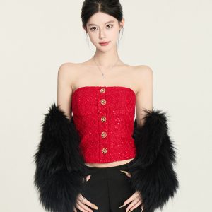 Red Strapless Knit Top - Party Princess Heavy Weight Slim Fit Vest for New Year Celebrations - Chic and Stylish Women's Fashion