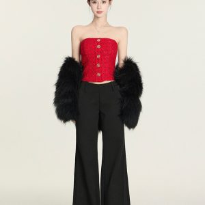 Red Strapless Knit Top - Party Princess Heavy Weight Slim Fit Vest for New Year Celebrations - Chic and Stylish Women's Fashion