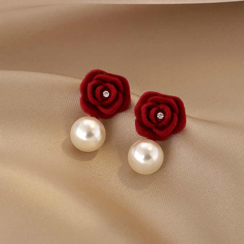 Red Velvet Rose Stud Earrings for Women, Trendy Light Luxury Pearl Drop Earrings for 2024 New Year Fashion