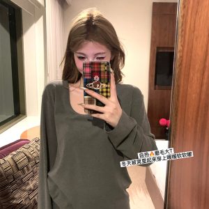 Relaxed Trap Design Brushed Base Layer Long Sleeve T-Shirt for Women - Loose Versatile Casual Top, Y2K Inspired Style