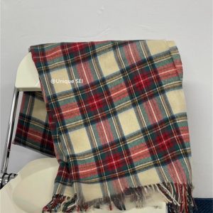 Retro Academy Cream Khaki Plaid Scarf with Tassels - Warm Versatile Winter Accessory, Influencer Style