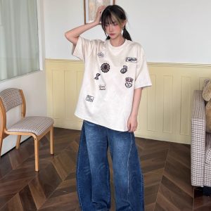 Retro American Badge Embroidered Suede Short-Sleeve Unisex T-Shirt - Summer Street Style, Loose Fit Heavyweight Tee