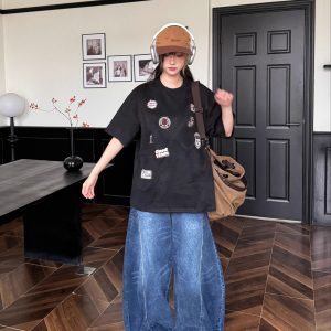 Retro American Badge Embroidered Suede Short-Sleeve Unisex T-Shirt - Summer Street Style, Loose Fit Heavyweight Tee