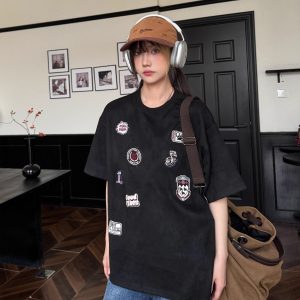 Retro American Badge Embroidered Suede Short-Sleeve Unisex T-Shirt - Summer Street Style, Loose Fit Heavyweight Tee