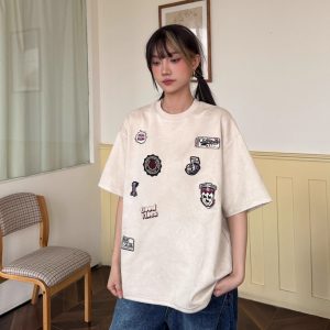 Retro American Badge Embroidered Suede Short-Sleeve Unisex T-Shirt - Summer Street Style, Loose Fit Heavyweight Tee