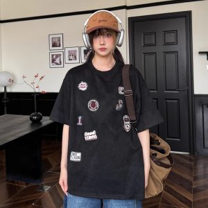 Retro American Badge Embroidered Suede Short-Sleeve Unisex T-Shirt - Summer Street Style, Loose Fit Heavyweight Tee