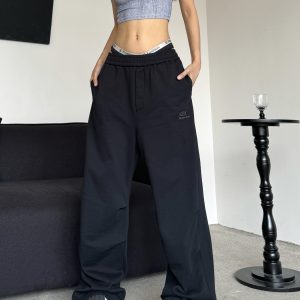 Retro American Casual Wide-Leg Drawstring Pants - Pleated Floor-Length Loose Draping Sweatpants for a Relaxed Y2K Style