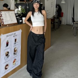 Retro American High Street Wide-Leg Loose Draping Pants in Washed Black Denim - Spicy Heatstroke Style