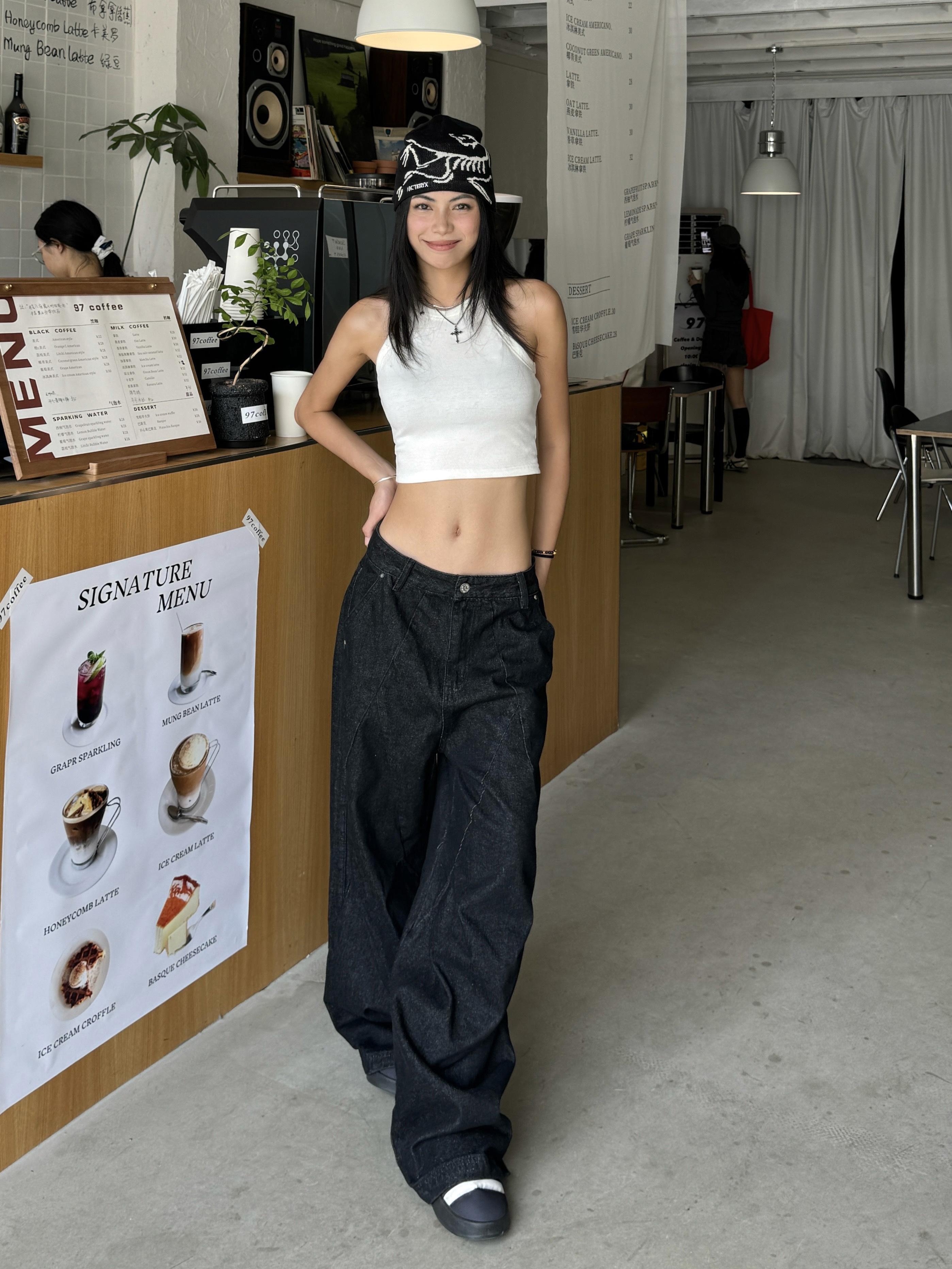 Retro American High Street Wide-Leg Loose Draping Pants in Washed Black Denim - Spicy Heatstroke Style