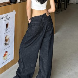 Retro American High Street Wide-Leg Loose Draping Pants in Washed Black Denim - Spicy Heatstroke Style