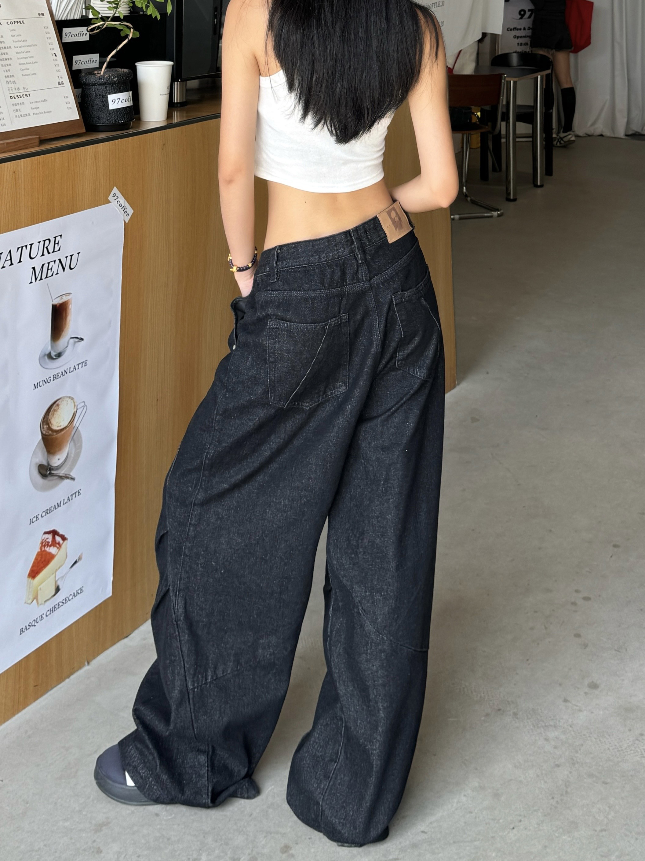 Retro American High Street Wide-Leg Loose Draping Pants in Washed Black Denim - Spicy Heatstroke Style