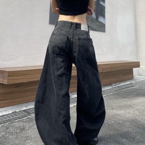Retro American Wide-Leg Floor-Length Jeans in Distressed Black - Water-Washed Curved Blade Design for Street Style