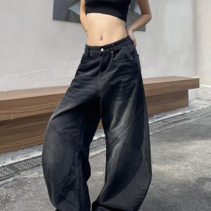 Retro American Wide-Leg Floor-Length Jeans in Distressed Black - Water-Washed Curved Blade Design for Street Style