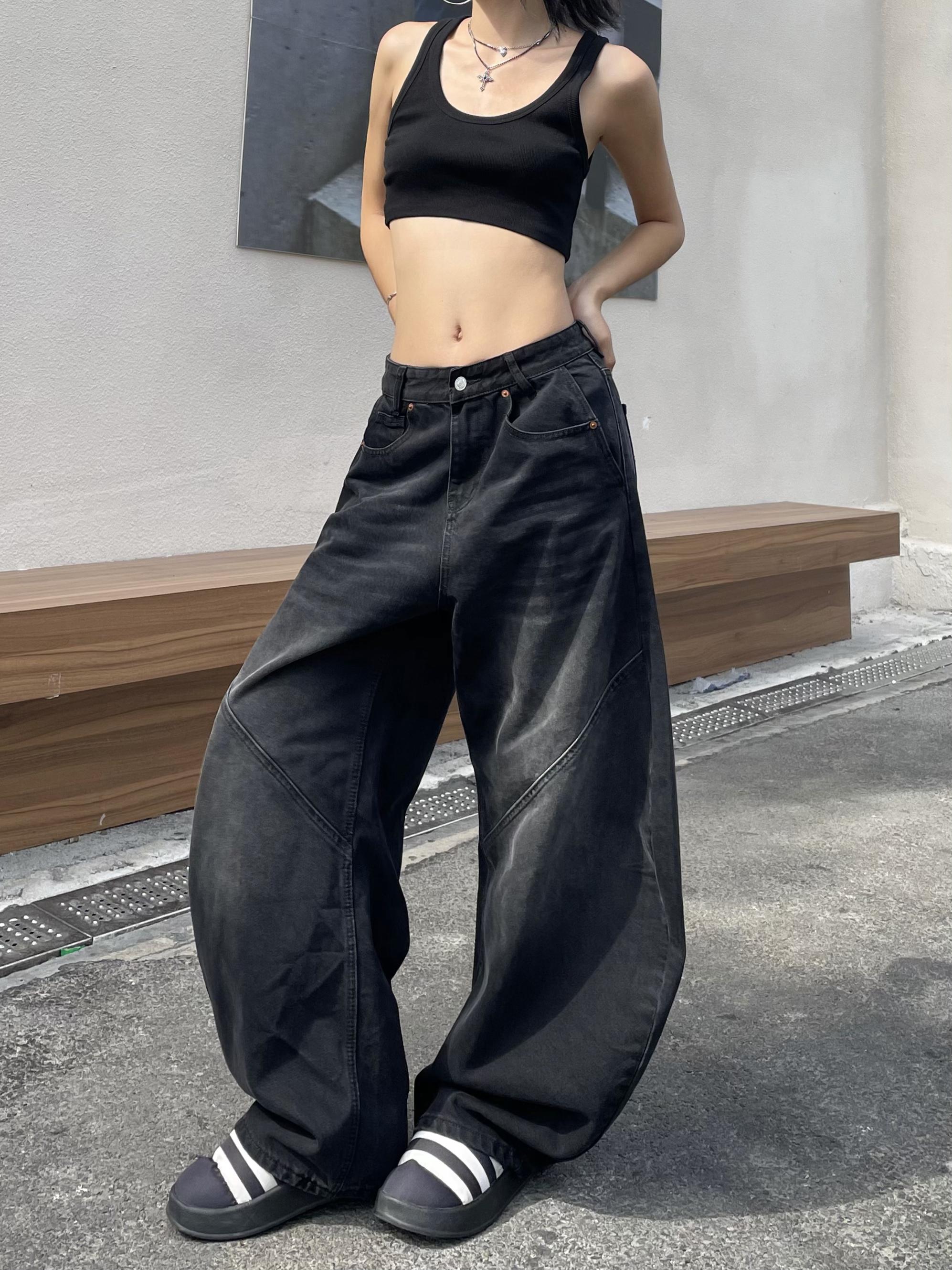 Retro American Wide-Leg Floor-Length Jeans in Distressed Black - Water-Washed Curved Blade Design for Street Style