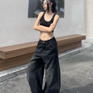 Retro American Wide-Leg Floor-Length Jeans in Distressed Black - Water-Washed Curved Blade Design for Street Style