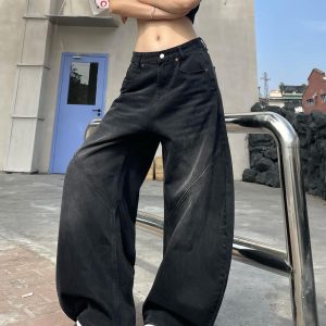 Retro American Wide-Leg Floor-Length Jeans in Distressed Black - Water-Washed Curved Blade Design for Street Style