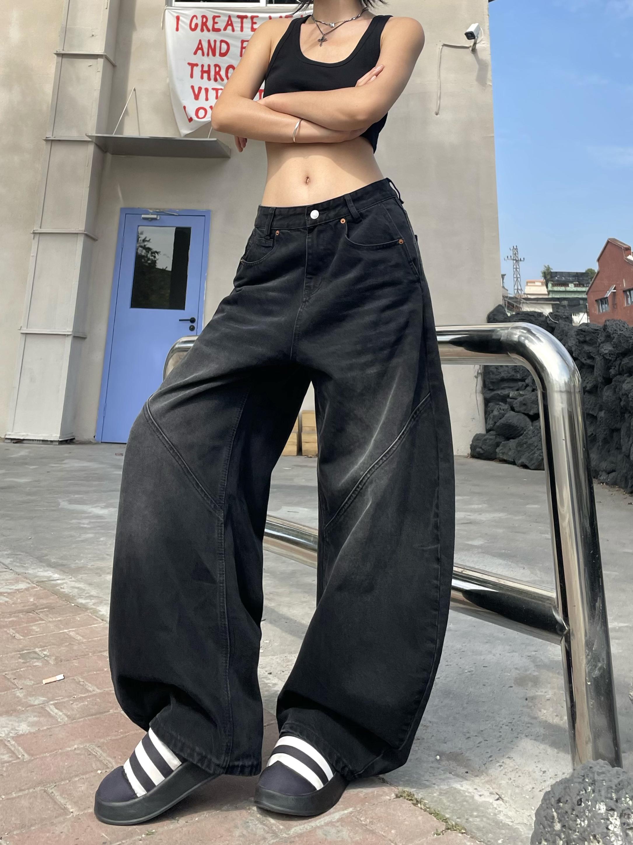 Retro American Wide-Leg Floor-Length Jeans in Distressed Black - Water-Washed Curved Blade Design for Street Style