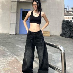 Retro American Wide-Leg Floor-Length Jeans in Distressed Black - Water-Washed Curved Blade Design for Street Style