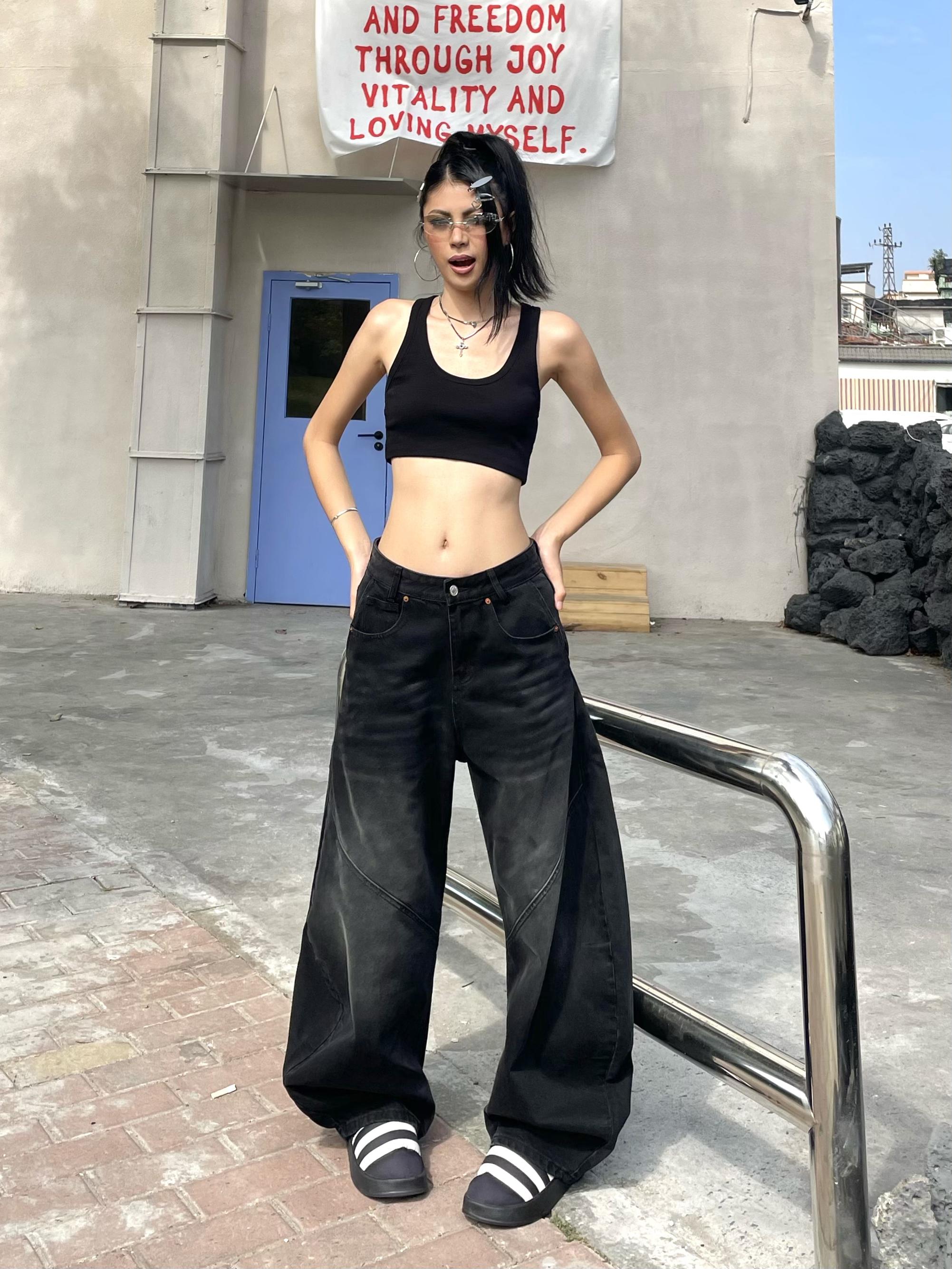 Retro American Wide-Leg Floor-Length Jeans in Distressed Black - Water-Washed Curved Blade Design for Street Style