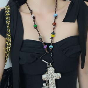 Retro Beaded Heart Cross Pendant Long Necklace for Women - Sweet Cool Sweater Chain, Y2K Style Jewelry 2024