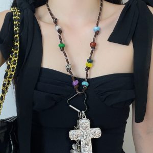 Retro Beaded Heart Cross Pendant Long Necklace for Women - Sweet Cool Sweater Chain, Y2K Style Jewelry 2024