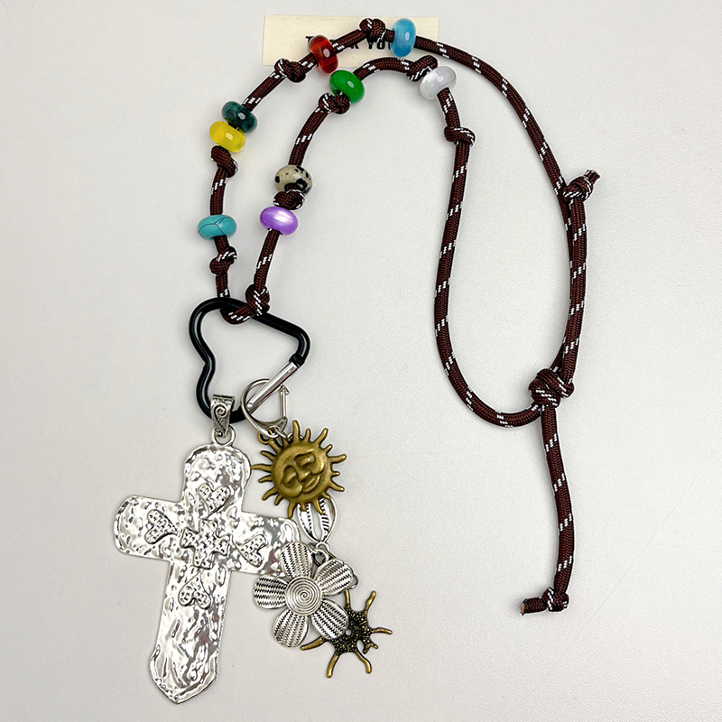 Retro Beaded Heart Cross Pendant Long Necklace for Women - Sweet Cool Sweater Chain, Y2K Style Jewelry 2024