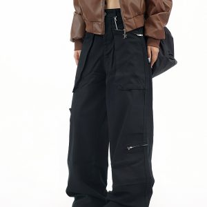 Retro Big Pocket Zipper Wide-Leg Work Pants for Men and Women - Casual Versatile Draped Long Trousers, Y2K Style