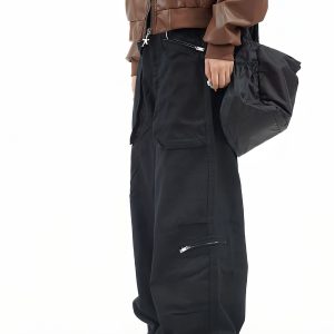 Retro Big Pocket Zipper Wide-Leg Work Pants for Men and Women - Casual Versatile Draped Long Trousers, Y2K Style