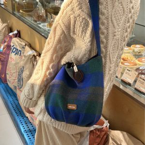 Retro Blue-Green Plaid Pumpkin Bag - Cute Woolen Shoulder Bag for Y2K Style Enthusiasts