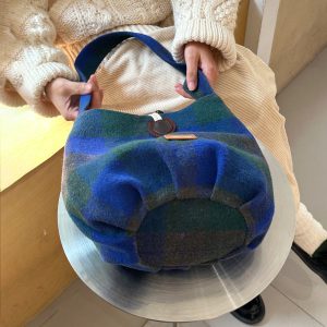 Retro Blue-Green Plaid Pumpkin Bag - Cute Woolen Shoulder Bag for Y2K Style Enthusiasts