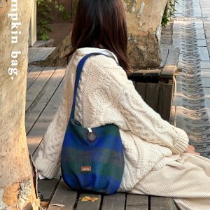 Retro Blue-Green Plaid Pumpkin Bag - Cute Woolen Shoulder Bag for Y2K Style Enthusiasts