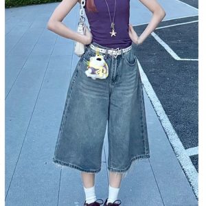 Retro Blue Wide-Leg Denim Shorts for Women - Summer Loose Fit Slimming Mid-Length Straight-Cut Fashionable Versatile Three-Quarter Pants